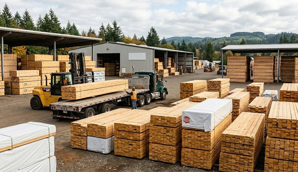 Lumber yard with forklift loading flatbed truck