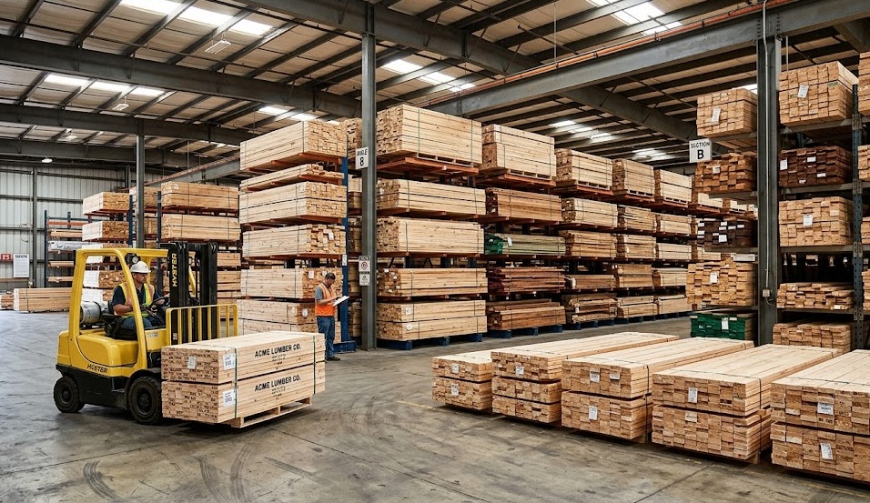 Warehouse interior with stacked lumber inventory