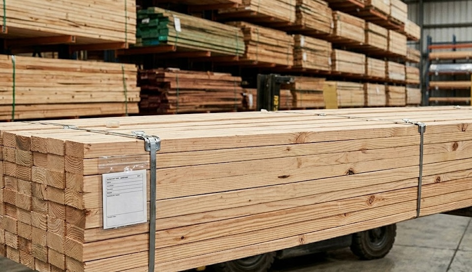 Bundled lumber in warehouse storage