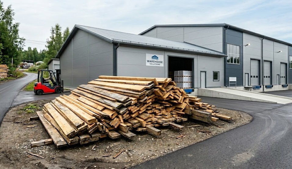 Lumber facility exterior with reclaimed wood pile